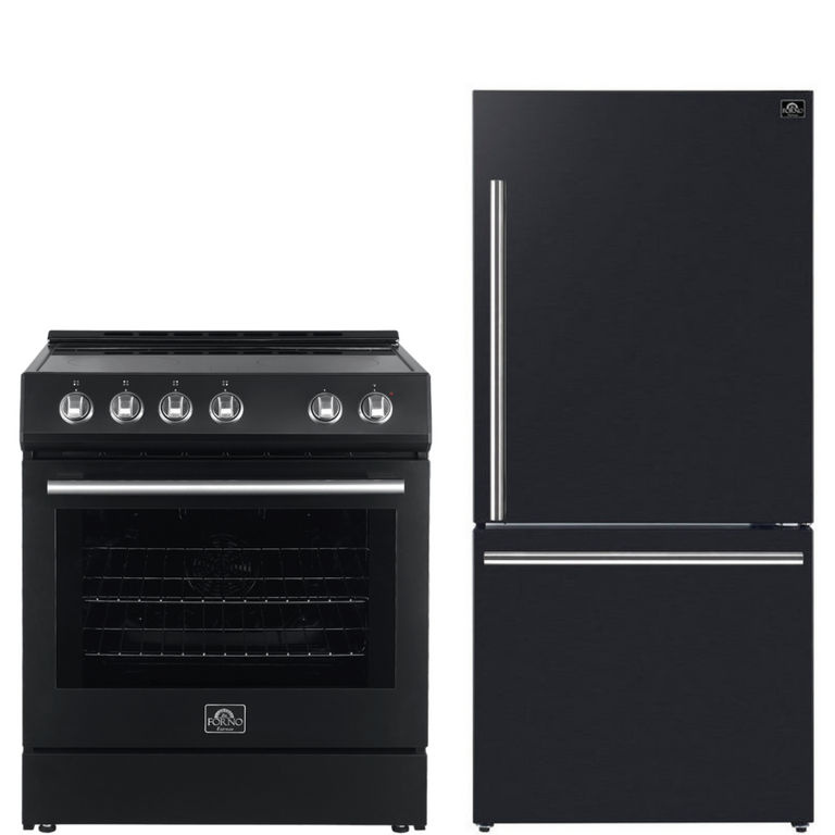 Forno Espresso Package - 30" Electric Range and Refrigerator in Black with Silver Handles, AP-FFSEL6012-30BLK-S-A11