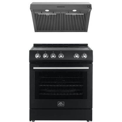 FORNO Espresso Package - 30" Electric Range and Range Hood in Black with Silver Handles, FBDL-002-02US