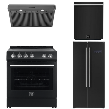 Forno Espresso Package - 30" Electric Range, Range Hood, Refrigerator and Dishwasher in Black with Silver Handles