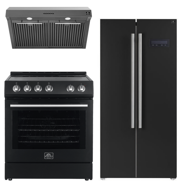 Forno Espresso Package - 30" Electric Range, Range Hood and Refrigerator in Black with Silver Handles, AP-FFSEL6012-30BLK-S-A7