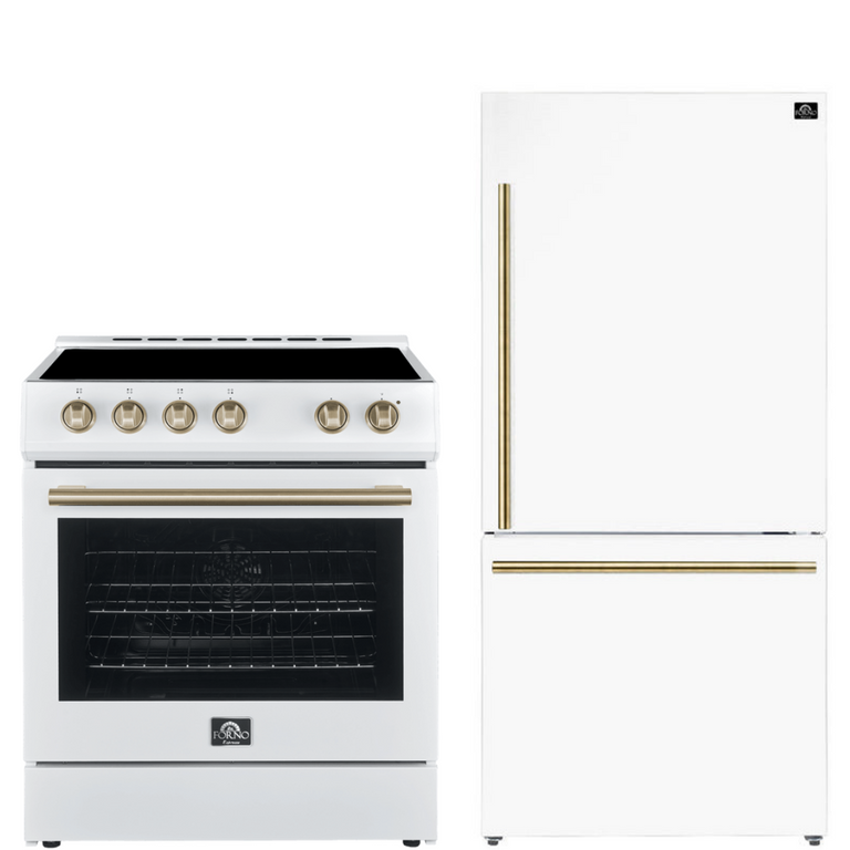Forno Espresso Package - 30" Electric Range and Refrigerator in White with Antique Brass Handles, AP-FFSEL6012-30WHT-A-A12