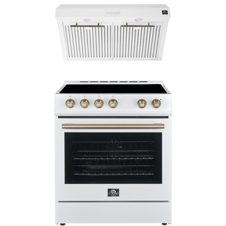 Forno Espresso Package - 30" Electric Range and Range Hood in White with Antique Brass Handles, AP-FFSEL6012-30WHT-A-A3