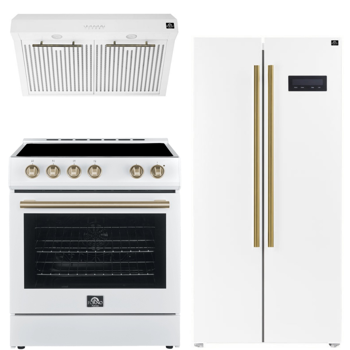 Forno Espresso Package - 30" Electric Range, Range Hood and Refrigerator in White with Antique Brass Handles, AP-FFSEL6012-30WHT-A-A8