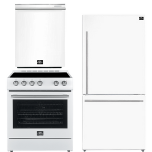 FORNO Espresso Package - 30" Electric Range, Refrigerator and Dishwasher in White with Silver Handles