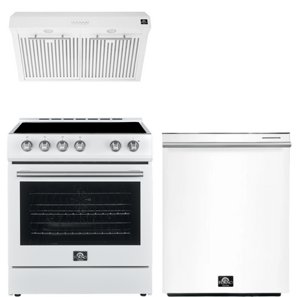 Forno Espresso Package - 30" Electric Range, Range Hood and Dishwasher in White with Silver Handles