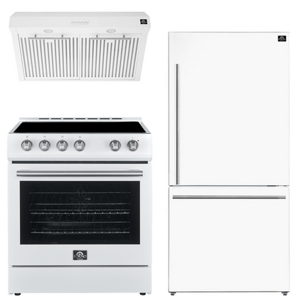 FORNO Espresso Package - 30" Electric Range, Range Hood and Refrigerator in White with Silver Handles, FBDL-001-03US