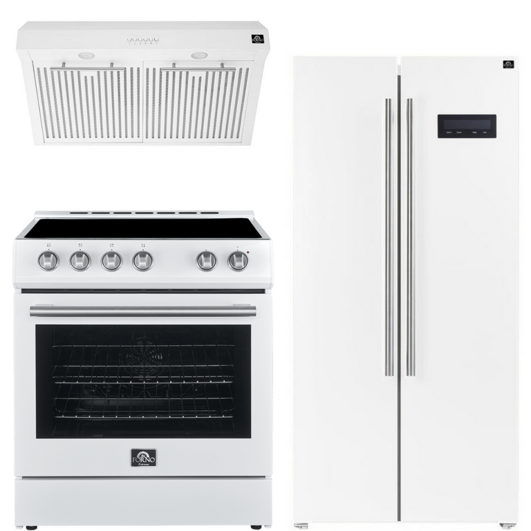 Forno Espresso Package - 30" Electric Range, Range Hood and Refrigerator in White with Silver Handles, AP-FFSEL6012-30WHT-S-A8