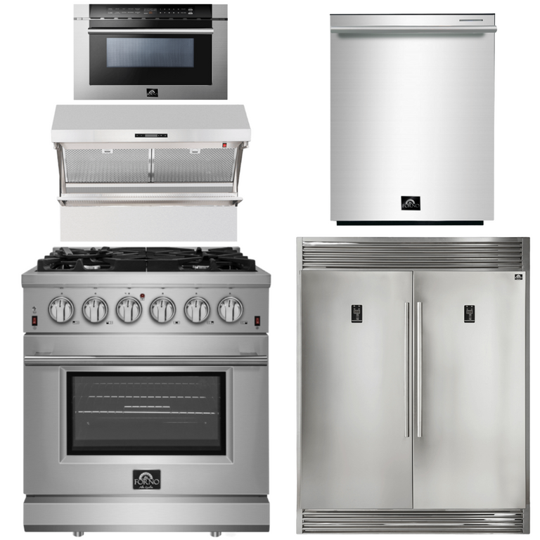 Forno Package - 30 Inch Gas Range, Wall Mount Range Hood, Refrigerator, Microwave Drawer, Dishwasher, AP-FFSGS6239-30-8