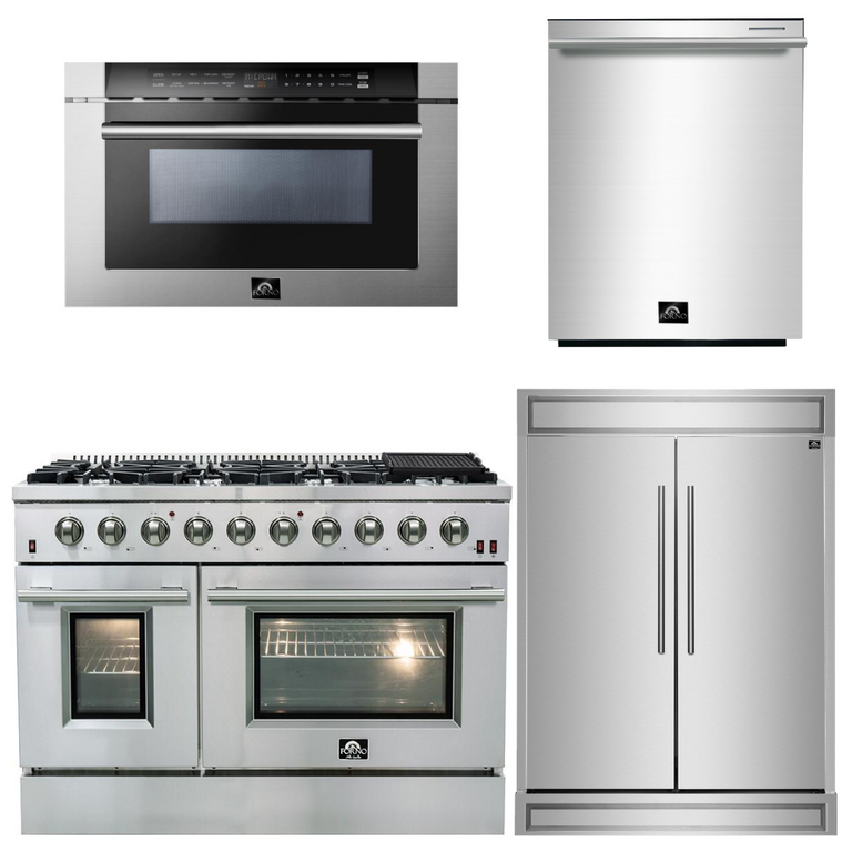 Forno Appliance Package - 48" Gas Range, 60" Refrigerator, Microwave Drawer, Dishwasher, AP-FFSGS6244-48-26