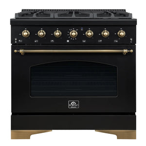 FORNO Espresso Package - 36" Dual Fuel Range, 60" Refrigerator, Microwave in Black with Antique Brass Accents