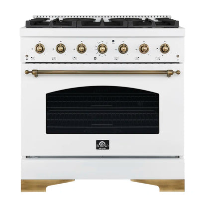 FORNO Antico 36" 4.5 cu. ft. Dual Fuel Range with 6 Sealed Burners in White with Antique Brass Accents, FFSGS6113-36WHT