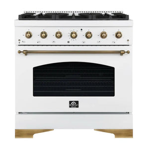 FORNO Espresso Package - 36" Dual Fuel Range, Range Hood, Dishwasher, Microwave in White with Antique Brass Accents