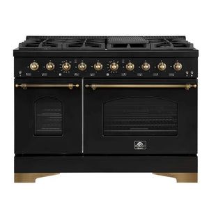 FORNO Espresso Package - 48" Dual Fuel Range, Range Hood, Microwave in Black with Antique Brass Accents