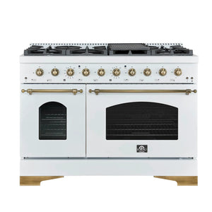 FORNO Espresso Package - 48" Gas Range, Range Hood, Dishwasher, Microwave in White with Antique Brass Accents