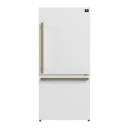 FORNO Espresso Milano 31" 17.2 cu. ft. Right Swing Refrigerator and Bottom Freezer in White with Antique Brass Handles, FFFFD1785-31WHT