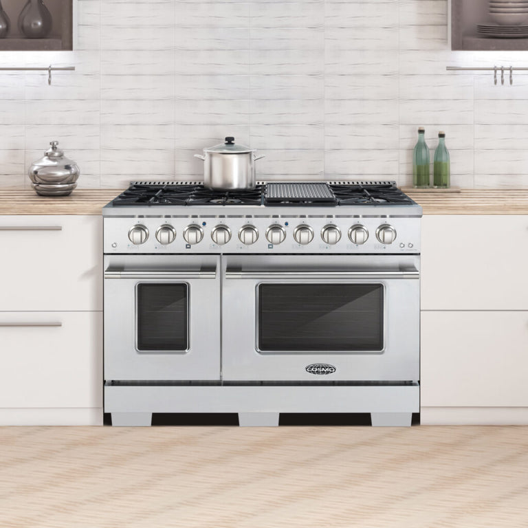Cosmo Commercial 48" 5.5 cu. ft. Double Oven Gas Range with 8 Italian Burners and Heavy Duty Cast Iron Grates in Stainless Steel, COS-GRP486G