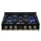 FORNO Ambassador Valente 36" Gas Cooktop, 6 Sealed Burners with Dual Ring Burner, Cast Iron Grates in Black with Antique Brass Accents and Copper Rivet Trim, FCTGS5799-36CPBLK
