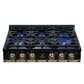 FORNO Ambassador Valente 36" Gas Cooktop, 6 Sealed Burners with Dual Ring Burner, Cast Iron Grates in Black with Antique Brass Accents and Copper Rivet Trim, FCTGS5799-36CPBLK