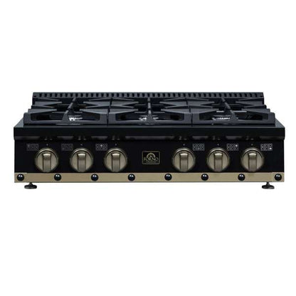 FORNO Ambassador Valente 36" Gas Cooktop, 6 Sealed Burners with Dual Ring Burner, Cast Iron Grates in Black with Antique Brass Accents and Copper Rivet Trim, FCTGS5799-36CPBLK
