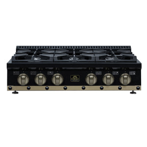 FORNO Ambassador Valente 36" Gas Cooktop, 6 Sealed Burners with Dual Ring Burner, Cast Iron Grates in Black with Antique Brass Accents and Copper Rivet Trim, FCTGS5799-36CPBLK