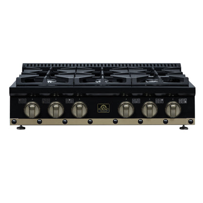 FORNO Ambassador Valente 36" Gas Cooktop, 6 Sealed Burners with Dual Ring Burner, Cast Iron Grates in Black with Antique Brass Accents and Copper Rivet Trim, FCTGS5799-36CPBLK