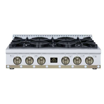 FORNO Ambassador Valente 36" Gas Cooktop, 6 Sealed Burners with Dual Ring Burner, Cast Iron Grates in White with Antique Brass Accents and Copper Rivet Trim, FCTGS5799-36CPWHT