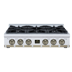 FORNO Ambassador Valente 36" Gas Cooktop, 6 Sealed Burners with Dual Ring Burner, Cast Iron Grates in White with Antique Brass Accents and Copper Rivet Trim, FCTGS5799-36CPWHT