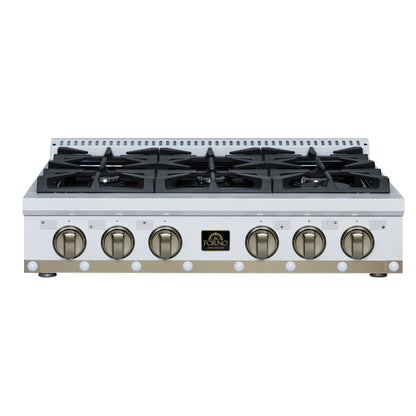 FORNO Ambassador Valente 36" Gas Cooktop, 6 Sealed Burners with Dual Ring Burner, Cast Iron Grates in White with Antique Brass Accents and Copper Rivet Trim, FCTGS5799-36CPWHT