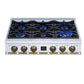 FORNO Ambassador Valente 36" Gas Cooktop, 6 Sealed Burners with Dual Ring Burner, Cast Iron Grates in White with Antique Brass Accents and Copper Rivet Trim, FCTGS5799-36CPWHT