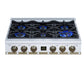 FORNO Ambassador Valente 36" Gas Cooktop, 6 Sealed Burners with Dual Ring Burner, Cast Iron Grates in White with Antique Brass Accents and Copper Rivet Trim, FCTGS5799-36CPWHT