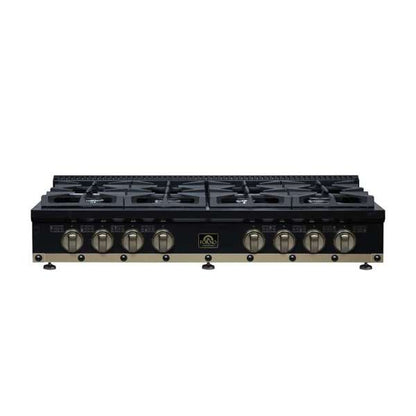 FORNO Ambassador Valente 48" Gas Cooktop, 8 Sealed Burners with 2 Dual Ring Burners, Cast Iron Grates in Black with Antique Brass Accents and Copper Rivet Trim, FCTGS5799-48CPBLK