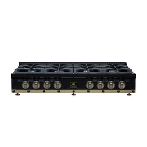 FORNO Ambassador Valente 48" Gas Cooktop, 8 Sealed Burners with 2 Dual Ring Burners, Cast Iron Grates in Black with Antique Brass Accents and Copper Rivet Trim, FCTGS5799-48CPBLK