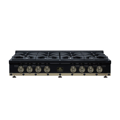 FORNO Ambassador Valente 48" Gas Cooktop, 8 Sealed Burners with 2 Dual Ring Burners, Cast Iron Grates in Black with Antique Brass Accents and Copper Rivet Trim, FCTGS5799-48CPBLK