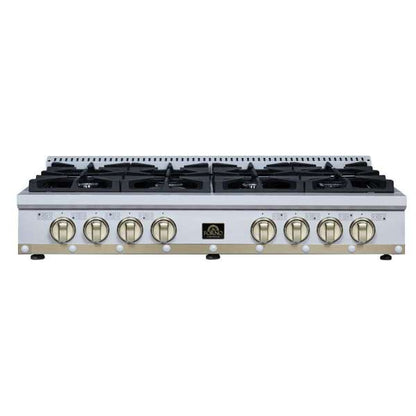 FORNO Ambassador Valente 48" Gas Cooktop, 8 Sealed Burners with 2 Dual Ring Burners, Cast Iron Grates in White with Antique Brass Accents and Copper Rivet Trim, FCTGS5799-48CPWHT