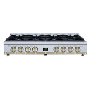 FORNO Ambassador Valente 48" Gas Cooktop, 8 Sealed Burners with 2 Dual Ring Burners, Cast Iron Grates in White with Antique Brass Accents and Copper Rivet Trim, FCTGS5799-48CPWHT