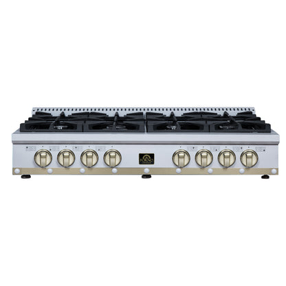 FORNO Ambassador Valente 48" Gas Cooktop, 8 Sealed Burners with 2 Dual Ring Burners, Cast Iron Grates in White with Antique Brass Accents and Copper Rivet Trim, FCTGS5799-48CPWHT
