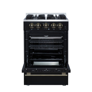FORNO Breno 24" 2.3 cu. ft Freestanding Gas Range with 4 Sealed Burners, Storage Drawer and Air Fryer Kit in in Black with Antique Brass Accents, FFSGS6272-24BLK
