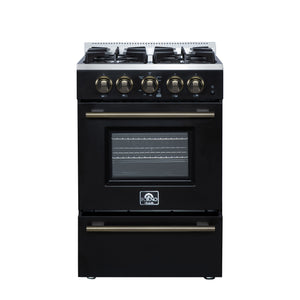 FORNO Breno 24" 2.3 cu. ft Freestanding Gas Range with 4 Sealed Burners, Storage Drawer and Air Fryer Kit in in Black with Antique Brass Accents, FFSGS6272-24BLK