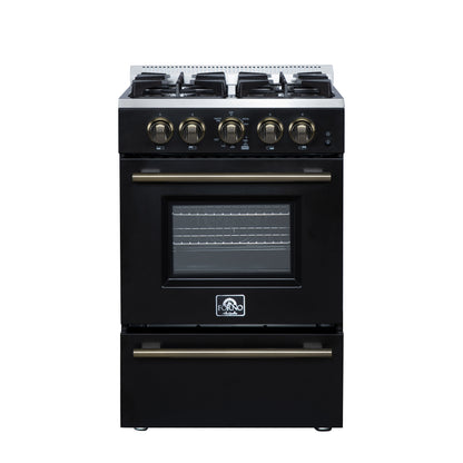 FORNO Breno 24" 2.3 cu. ft Freestanding Gas Range with 4 Sealed Burners, Storage Drawer and Air Fryer Kit in in Black with Antique Brass Accents, FFSGS6272-24BLK