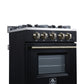 FORNO Breno 24" 2.3 cu. ft Freestanding Gas Range with 4 Sealed Burners, Storage Drawer and Air Fryer Kit in in Black with Antique Brass Accents, FFSGS6272-24BLK