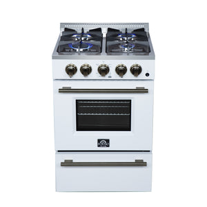 FORNO Breno 24" 2.3 cu. ft Freestanding Gas Range with 4 Sealed Burners, Storage Drawer and Air Fryer Kit in White with Antique Brass Accents, FFSGS6272-24WHT