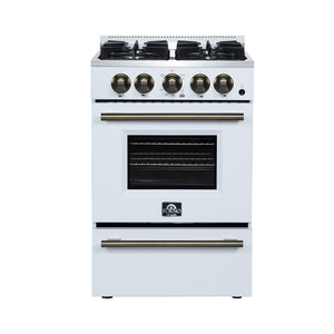 FORNO Breno 24" 2.3 cu. ft Freestanding Gas Range with 4 Sealed Burners, Storage Drawer and Air Fryer Kit in White with Antique Brass Accents, FFSGS6272-24WHT