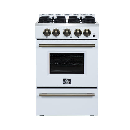 FORNO Breno 24" 2.3 cu. ft Freestanding Gas Range with 4 Sealed Burners, Storage Drawer and Air Fryer Kit in White with Antique Brass Accents, FFSGS6272-24WHT