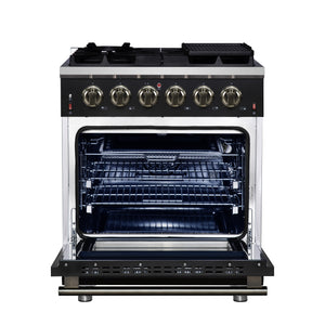 FORNO Massimo 30" 4.32 cu. ft. Freestanding Gas Range with 5 Sealed Burners, Air Fryer Kit, Wok Support & Griddle in Black with Antique Brass Accents, FFSGS6239-30BLK