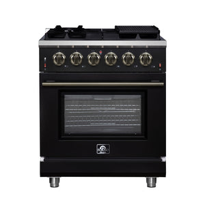 FORNO Massimo 30" 4.32 cu. ft. Freestanding Gas Range with 5 Sealed Burners, Air Fryer Kit, Wok Support & Griddle in Black with Antique Brass Accents, FFSGS6239-30BLK