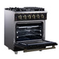 FORNO Massimo 30" 4.32 cu. ft. Freestanding Gas Range with 5 Sealed Burners, Air Fryer Kit, Wok Support & Griddle in Black with Antique Brass Accents, FFSGS6239-30BLK
