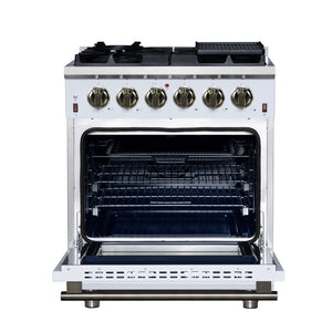 FORNO Massimo 30" 4.32 cu. ft. Freestanding Gas Range with 5 Sealed Burners, Air Fryer Kit, Wok Support & Griddle in White with Antique Brass Accents, FFSGS6239-30WHT