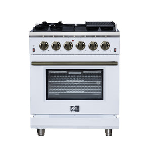 FORNO Massimo 30" 4.32 cu. ft. Freestanding Gas Range with 5 Sealed Burners, Air Fryer Kit, Wok Support & Griddle in White with Antique Brass Accents, FFSGS6239-30WHT