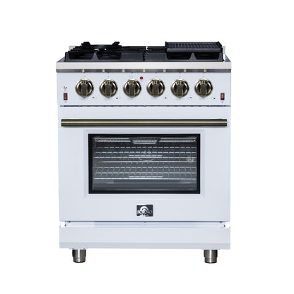 FORNO Massimo 30" 4.32 cu. ft. Freestanding Gas Range with 5 Sealed Burners, Air Fryer Kit, Wok Support & Griddle in White with Antique Brass Accents, FFSGS6239-30WHT