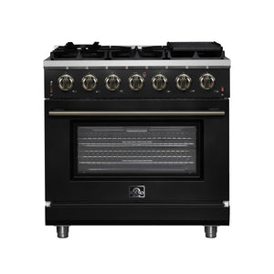FORNO Massimo 36" 5.36 cu. ft. Freestanding Gas Range with 6 Sealed Burners, Air Fryer Kit, Wok Support & Griddle in Black with Antique Brass Accents, FFSGS6239-36BLK